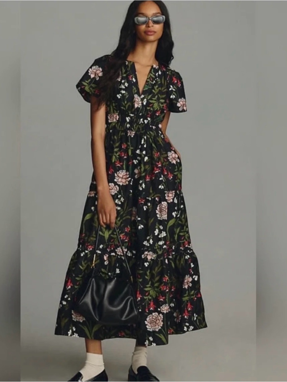 Anthropologie Somerset Maxi In Black Floral Cotton Tiered Dress M